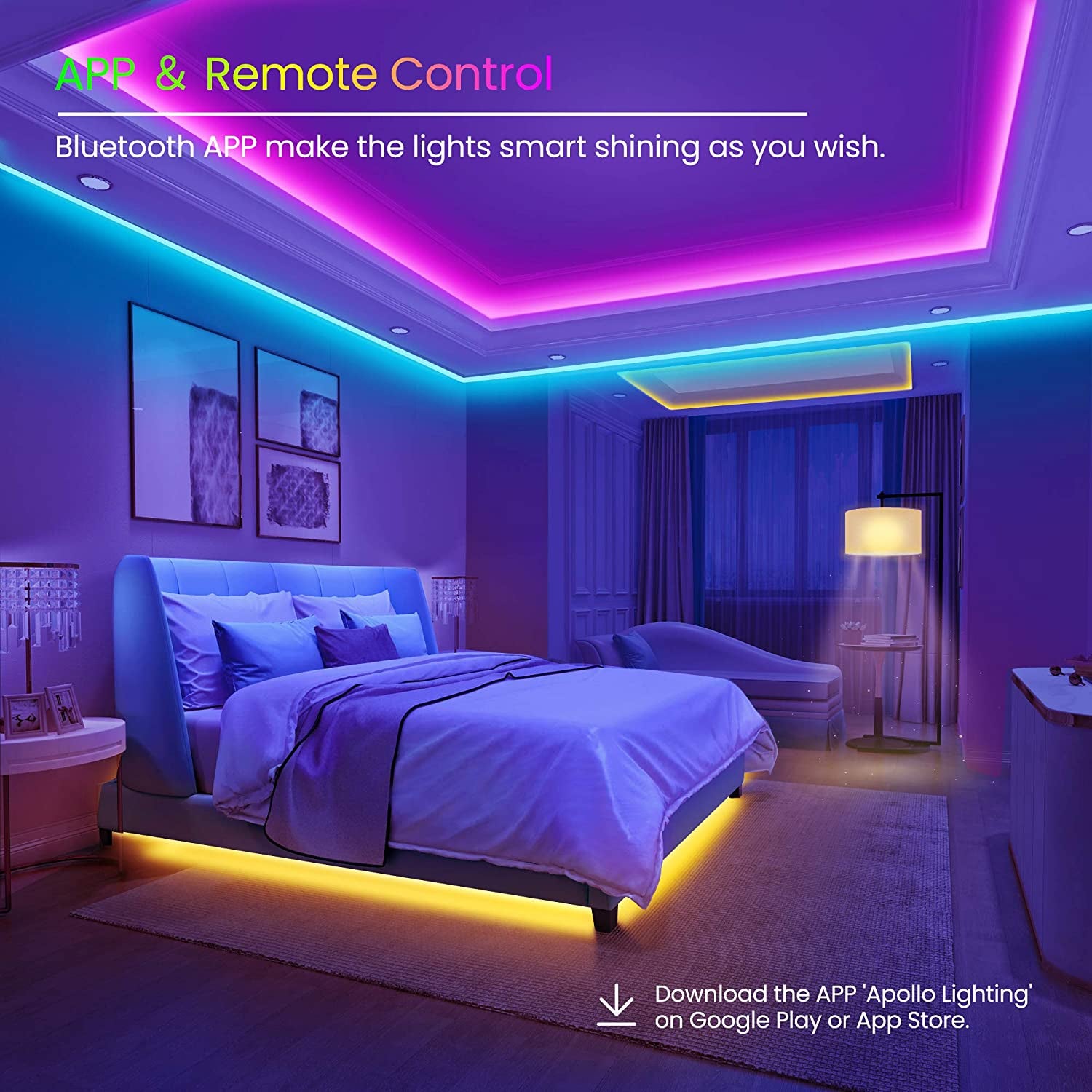 50 FT Bluetooth LED Strip Lights with Music Sync, Color Changing Lighting for Bedroom, Controlled via App, Remote, and Microphone