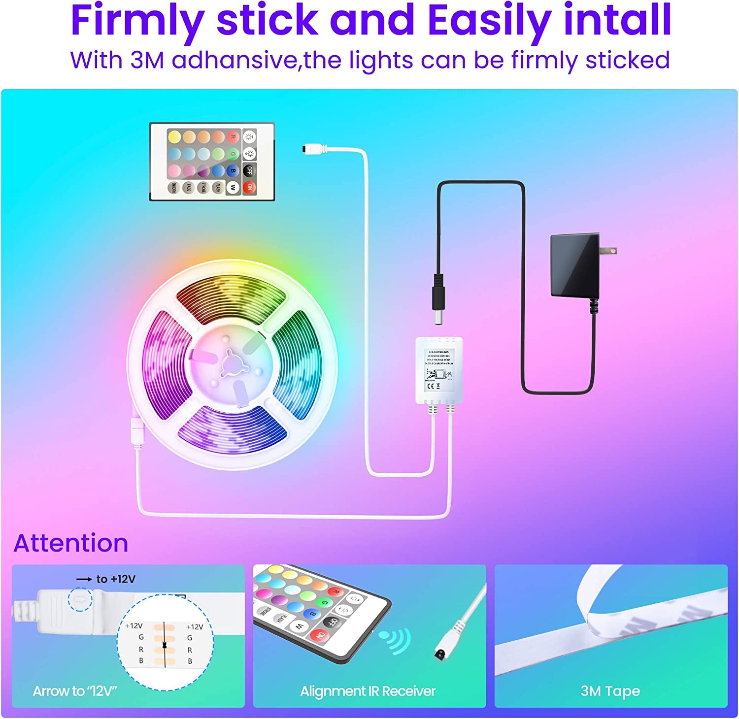 50 FT Bluetooth LED Strip Lights with Music Sync, Color Changing Lighting for Bedroom, Controlled via App, Remote, and Microphone